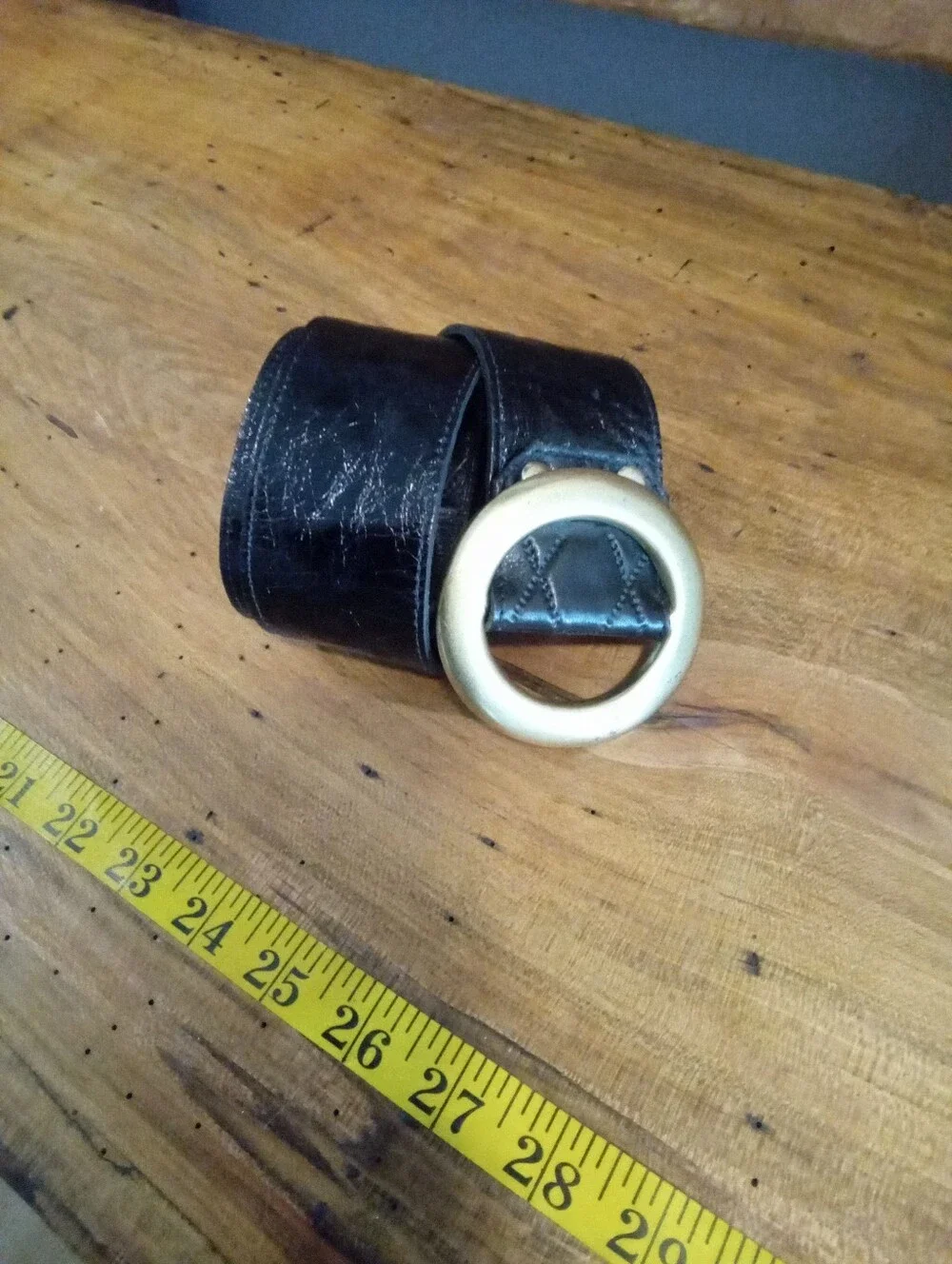 Vintage Black Soft Quilted Wide Band Leather Belt with Gold Ring Buckle